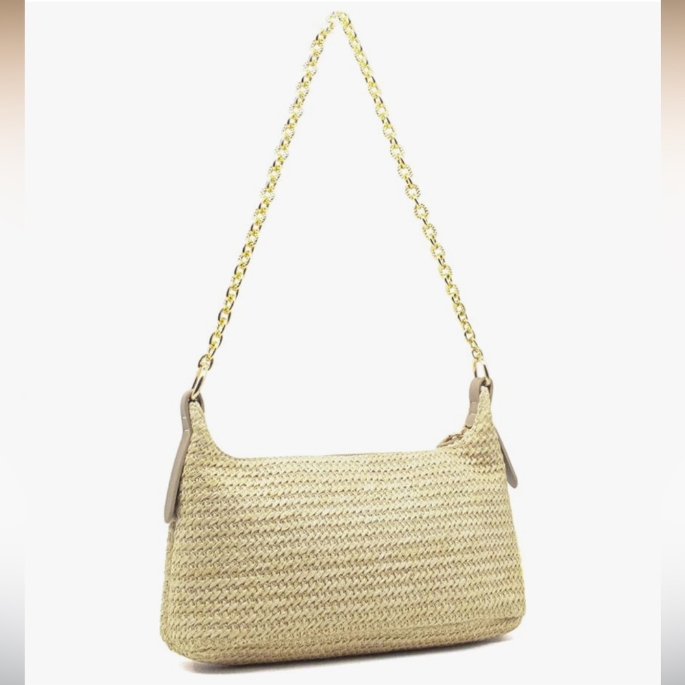 Woven Straw Shoulder Bag with Gold Chain Handle - Natural